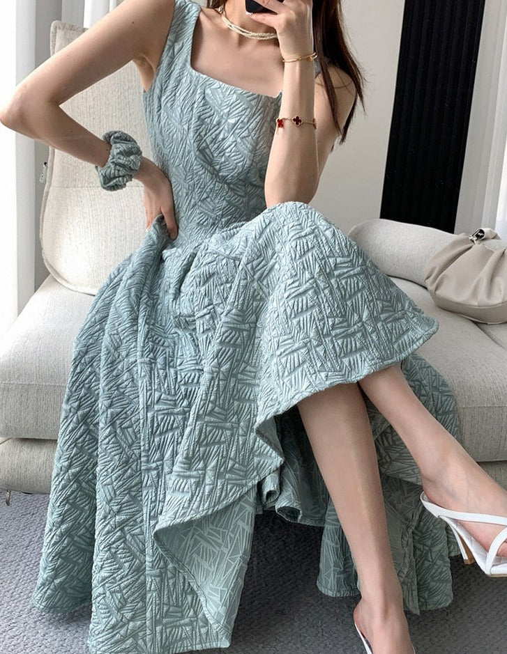 Vintage Square Collar A-line Dress Summer Sleeveless Slim Waist Female Midi Dress - MERGE.DAY.1.FREESTYLE