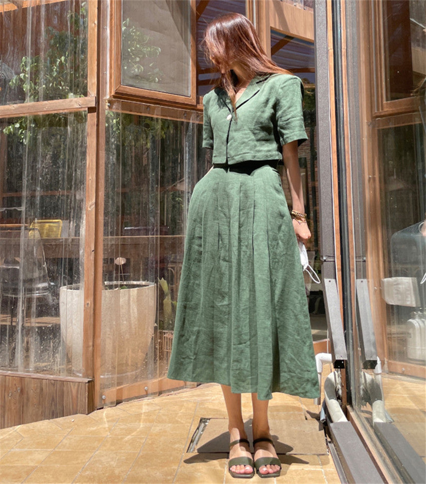 Cotton Linen Skirt 2 Two Piece Sets Outfits Female Short Sleeve Blazer Suits with High Waist - MERGE.DAY.1.FREESTYLE
