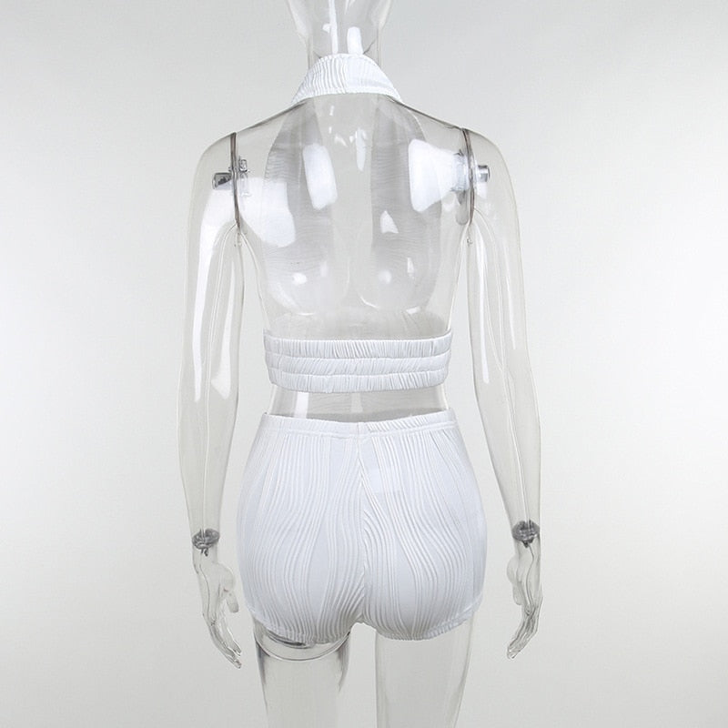 White Deep V-neck Halter Bandage 2 Pieces Sets Sleeveless Backless Suits Outfits with Shorts - MERGE.DAY.1.FREESTYLE
