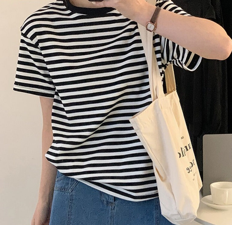 Casual O-neck Women Striped T-shirts Spring Summer Short Sleeve Loose Female Tops - MERGE.DAY.1.FREESTYLE