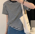 Casual O-neck Women Striped T-shirts Spring Summer Short Sleeve Loose Female Tops - MERGE.DAY.1.FREESTYLE