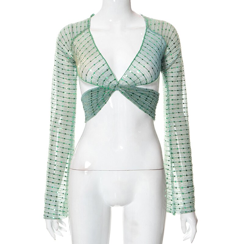Bling Glitter Sequins Bell Long Sleeve Lace Up Crop Top Blouse Y2K - MERGE.DAY.1.FREESTYLE