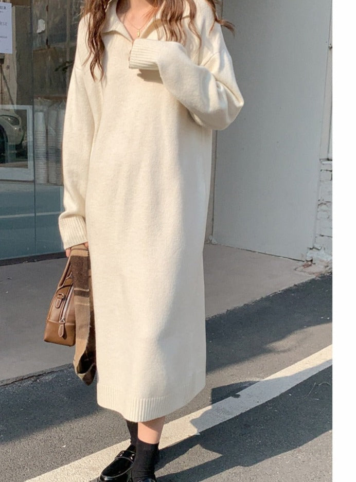 Lapel Full Sleeve Solid Long Knitted Dress Female vestidos - MERGE.DAY.1.FREESTYLE