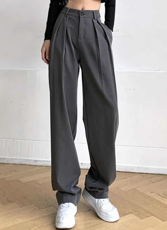 Long Suit Pants High Waist Button Women Wide Leg Trousers - MERGE.DAY.1.FREESTYLE