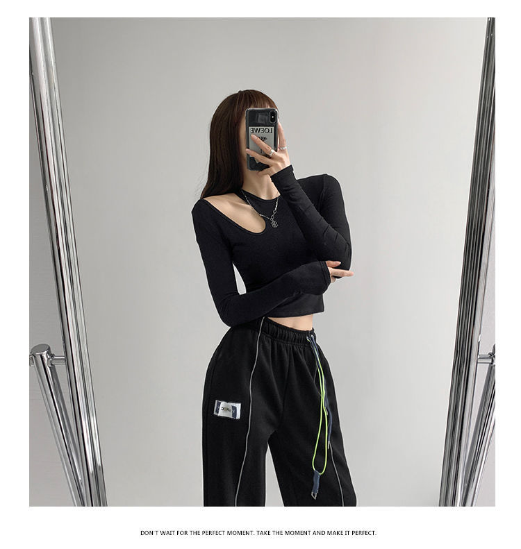 Hollow T-shirt Women Fashion Slim Y2K Cropped Tops Off Shoulder Long Sleeve Tees Woman - MERGE.DAY.1.FREESTYLE