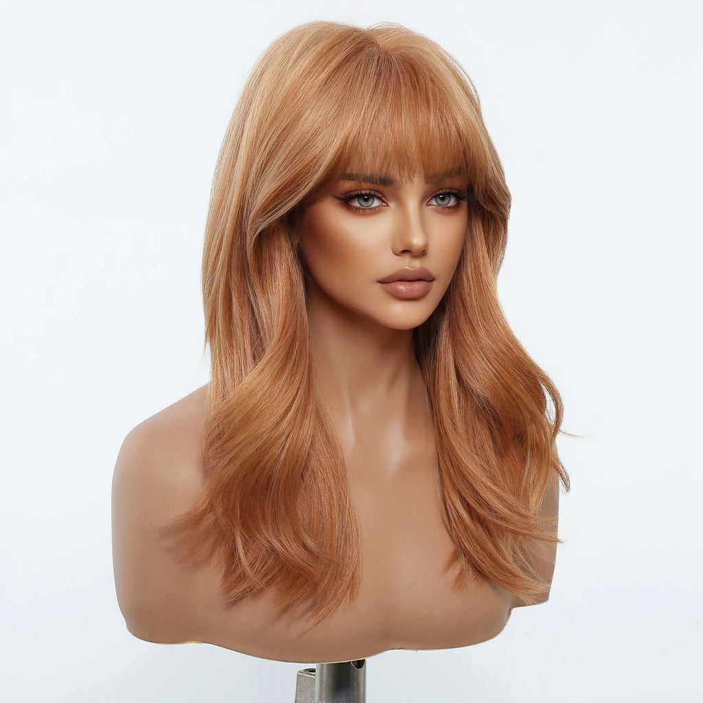 EASIHAIR Medium Length Orange Synthetic Wigs for Women Natural Wavy Wigs With Bangs Heat Resistant Fiber Wigs for Daily Cosplay - MERGE.DAY.1.FREESTYLE