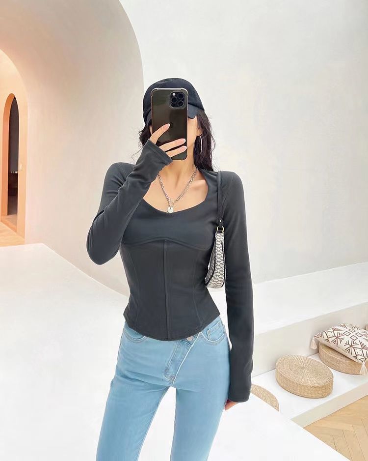 High Waist Cropped Tops Women Fashion Square Neck Long Sleeve T-Shirt Slim Basic Y2K Tees - MERGE.DAY.1.FREESTYLE