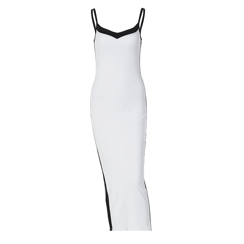 Color Bloack V Neck Sleeveless Slip Slit Sexy Bodycon Maxi Dress Y2K Outfit - MERGE.DAY.1.FREESTYLE
