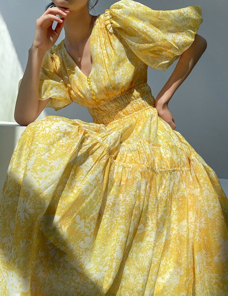 V-neck Elastic Waist Ladies Floral Printed Dress Spring Summer Vintage Puff - MERGE.DAY.1.FREESTYLE