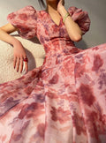 V-neck Floral Printed Dress Women Elegant Puff Sleeve Slim A-line Dress - MERGE.DAY.1.FREESTYLE