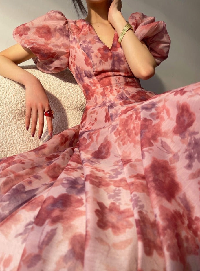 V-neck Floral Printed Dress Women Elegant Puff Sleeve Slim A-line Dress - MERGE.DAY.1.FREESTYLE