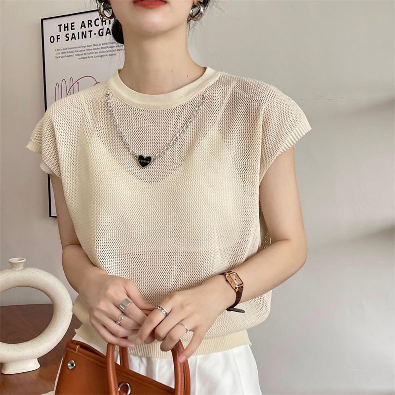 Hollow T-shirt Chain Women Summer New Solid Color Short Sleeve Knitted Tops Female 2022 - MERGE.DAY.1.FREESTYLE
