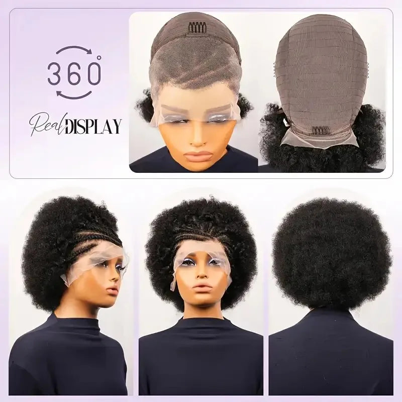 13x4 Short Afro Kinky Curly Bob Lace Front Braided Wigs for Black Women Curly Afro Puff Lace Frontal Wig Human Hair Brazilian - MERGE.DAY.1.FREESTYLE