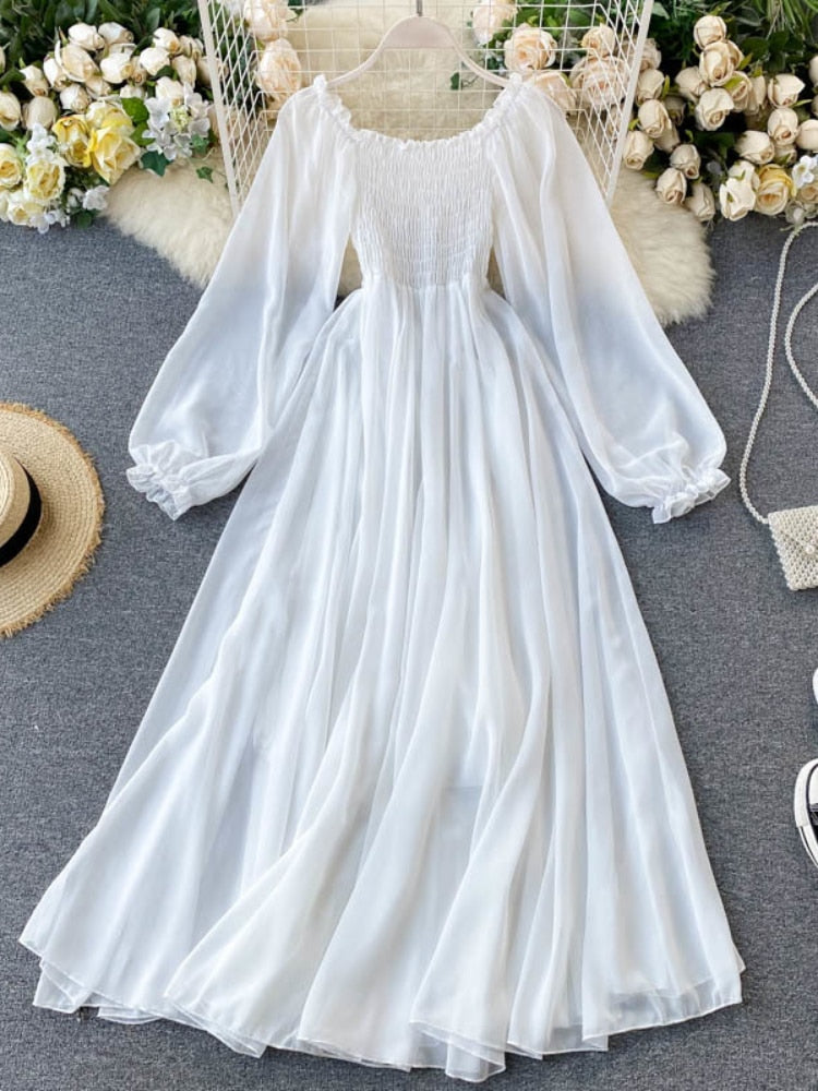 Holiday Puff Sleeve Slash Neck Off Shoulder Smocked White Chiffon Dresses - MERGE.DAY.1.FREESTYLE