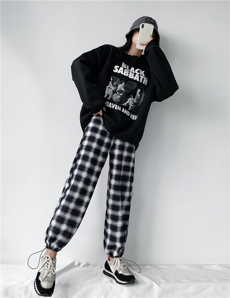 Plaid Pants Women High Waist Drawstring Loose Straight Baggy Pants 2022 Spring and Summer - MERGE.DAY.1.FREESTYLE