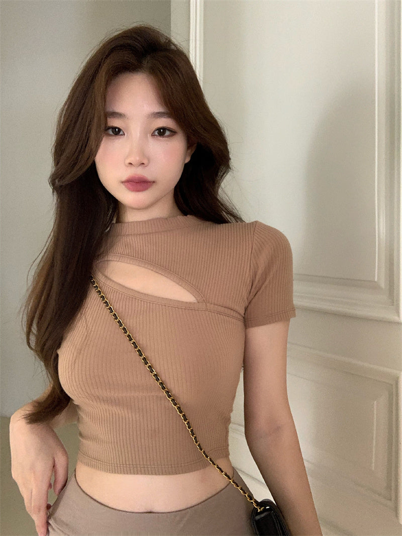 T Shirt Women Summer Hollow Crewneck Cropped Tops Irregular Tight Fitting Short Sleeve - MERGE.DAY.1.FREESTYLE