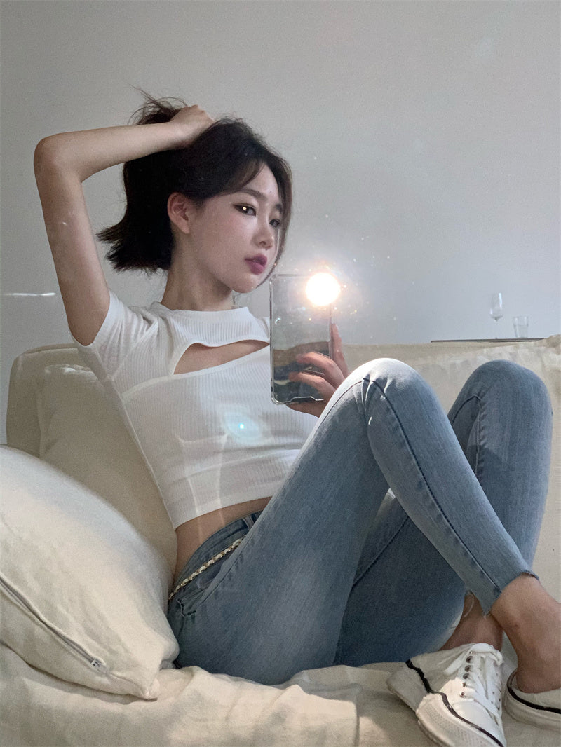 T Shirt Women Summer Hollow Crewneck Cropped Tops Irregular Tight Fitting Short Sleeve - MERGE.DAY.1.FREESTYLE