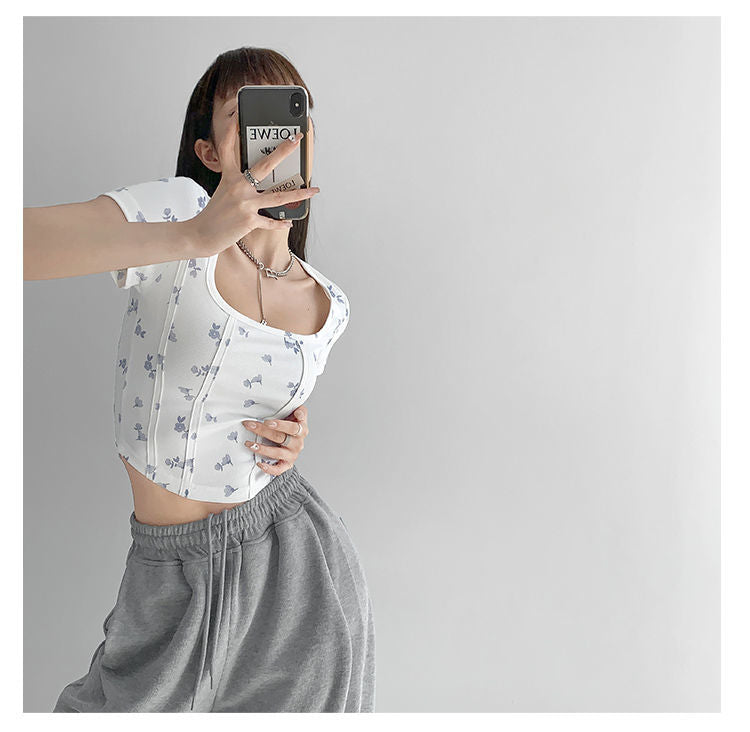 Summer Floral Cropped Top Women Slim Square Neck Short Sleeve White T-shirts Female - MERGE.DAY.1.FREESTYLE