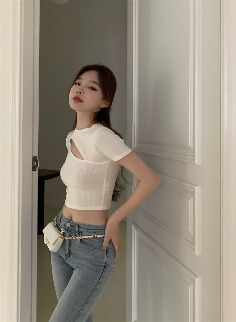 T Shirt Women Summer Hollow Crewneck Cropped Tops Irregular Tight Fitting Short Sleeve - MERGE.DAY.1.FREESTYLE