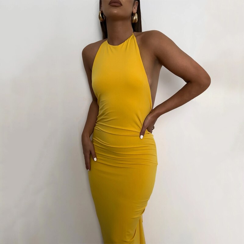 Halter Bandage Sleeveless Backless Shirring Draped Maxi Dress Sexy Streetwear - MERGE.DAY.1.FREESTYLE