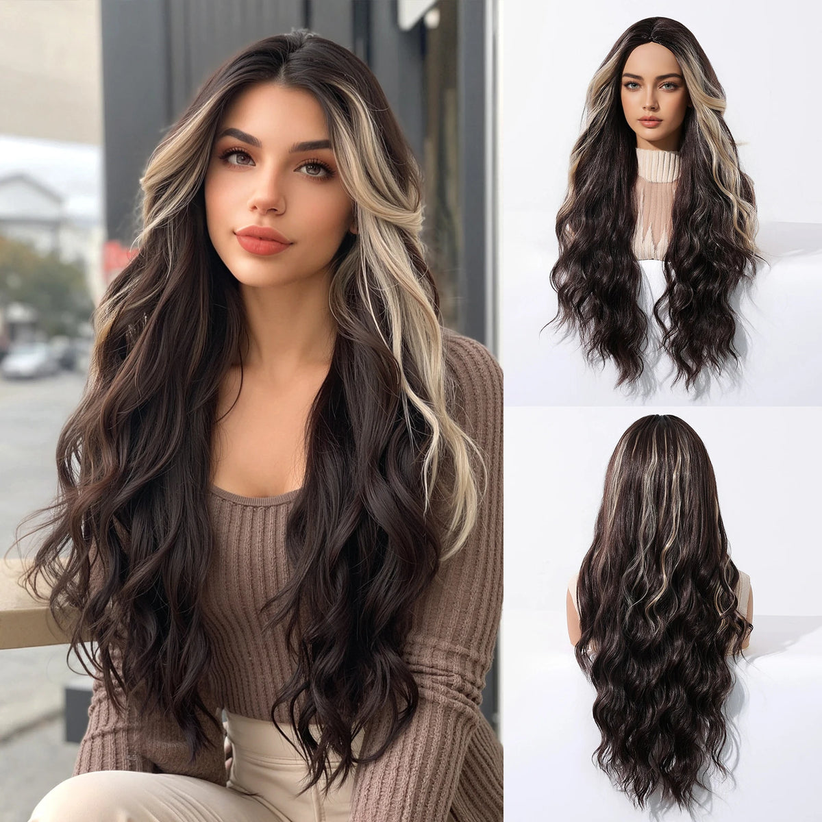 Platinum Blonde with White Highlight Dark Roots Synthetic Hair Wigs for Women Long Wavy Cosplay Daily Party Use Heat Resistant - MERGE.DAY.1.FREESTYLE