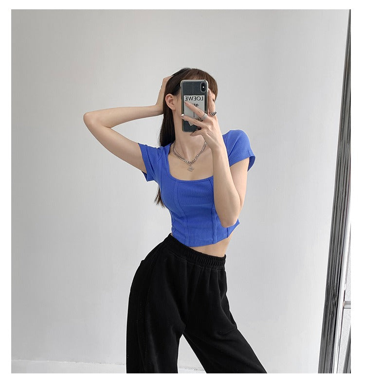 Vintaege Y2K Tops Women Summer Square Collar Short Sleeve T-shirt Fishbone Line Slim Crop - MERGE.DAY.1.FREESTYLE