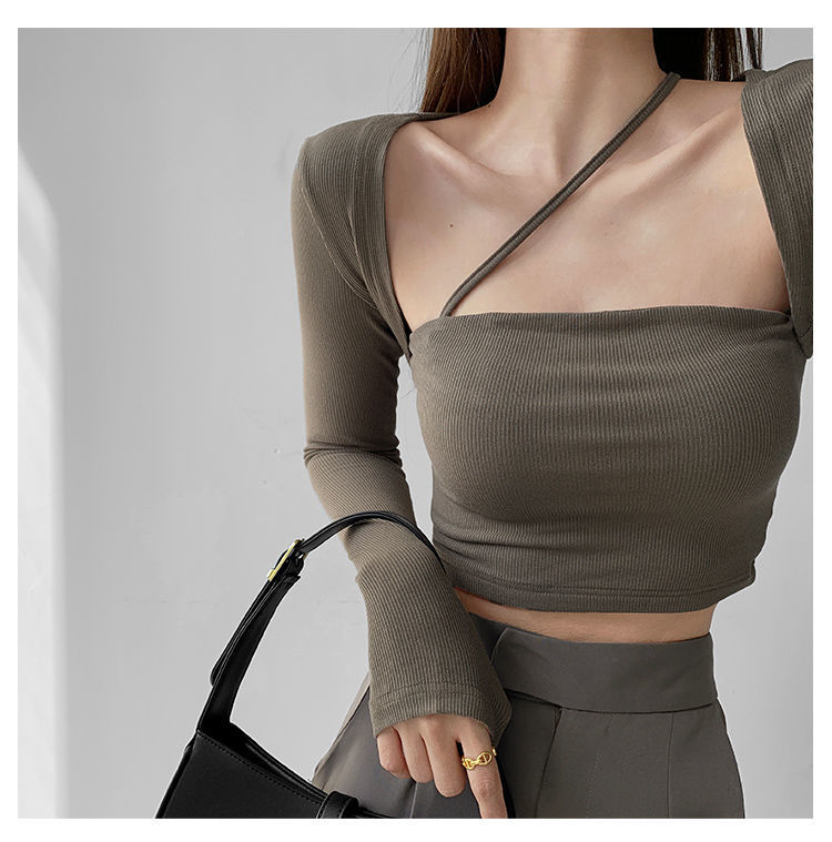 Cropped Tops Women Square Collar Slanted Shoulder Straps Halter Neck Long Sleeve T-shirt - MERGE.DAY.1.FREESTYLE
