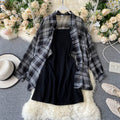 Two Piece Set Long Sleeve Plaid Grey Overcoats Spaghetti Strap Slim Dress - MERGE.DAY.1.FREESTYLE