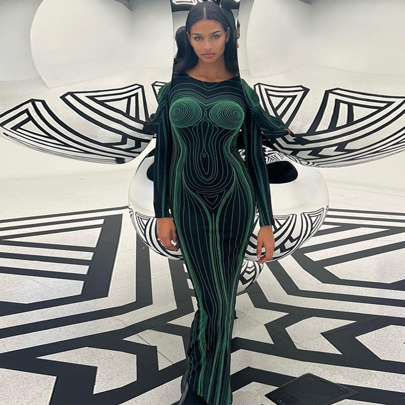 Striped Print Long Sleeve See Through Sexy Bodycon Maxi Dress - MERGE.DAY.1.FREESTYLE