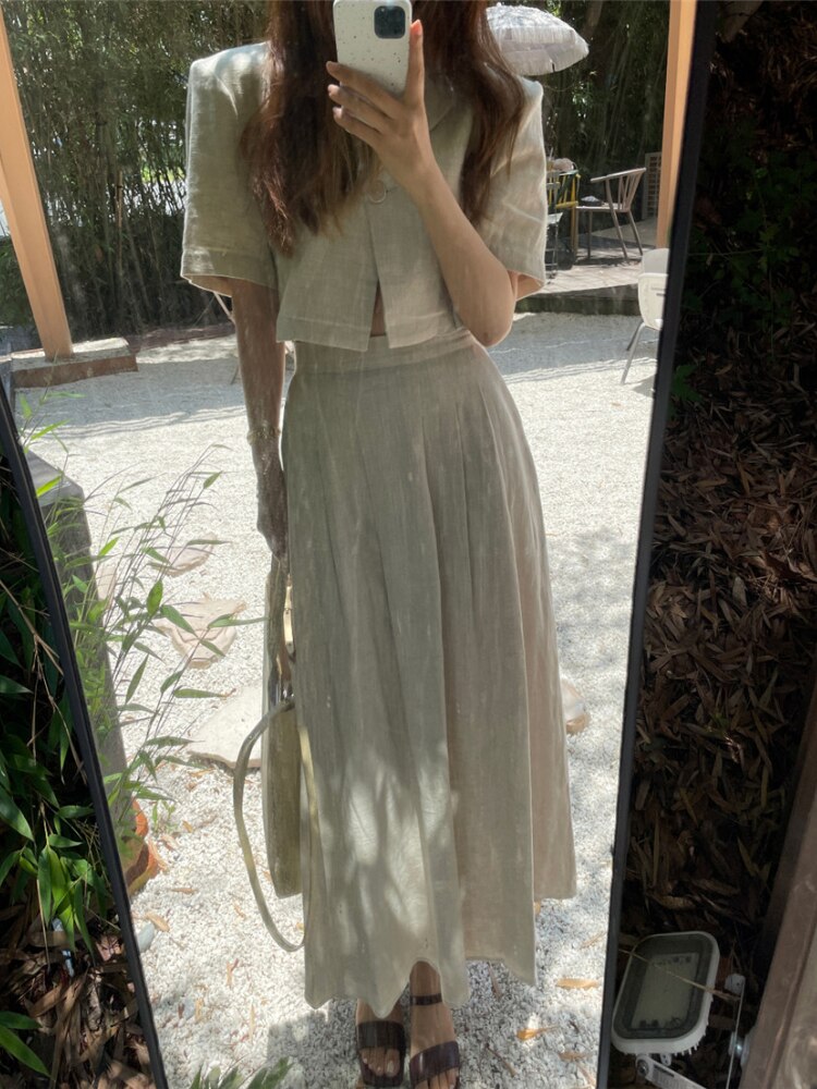 Cotton Linen Skirt 2 Two Piece Sets Outfits Female Short Sleeve Blazer Suits with High Waist - MERGE.DAY.1.FREESTYLE