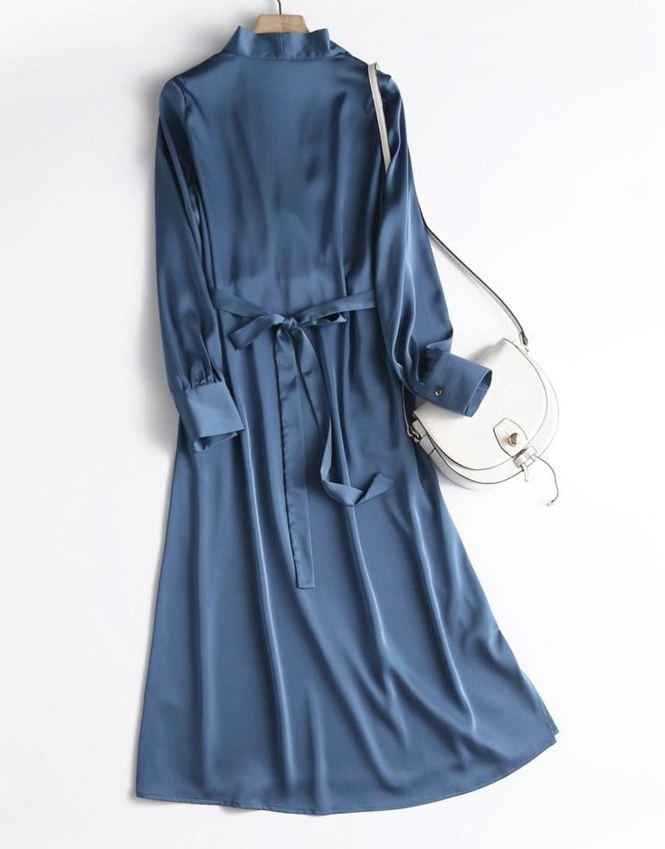 Autumn Fashion Women Elegant Satin Dress Long Sleeve Office Ladies Midi Dress - MERGE.DAY.1.FREESTYLE