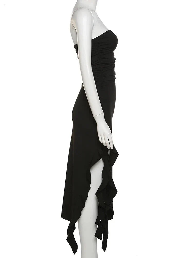 Elegant Strapless Dress Women Irregular Tassel Skinny Split Maxi Bodycon - MERGE.DAY.1.FREESTYLE