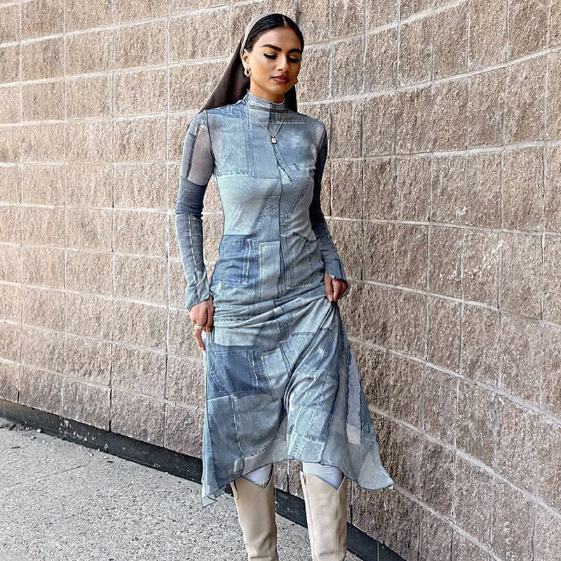 Mesh O Neck Long Flare Sleeve Print Slit Vintage Sexy Bodycon Maxi Dress - MERGE.DAY.1.FREESTYLE