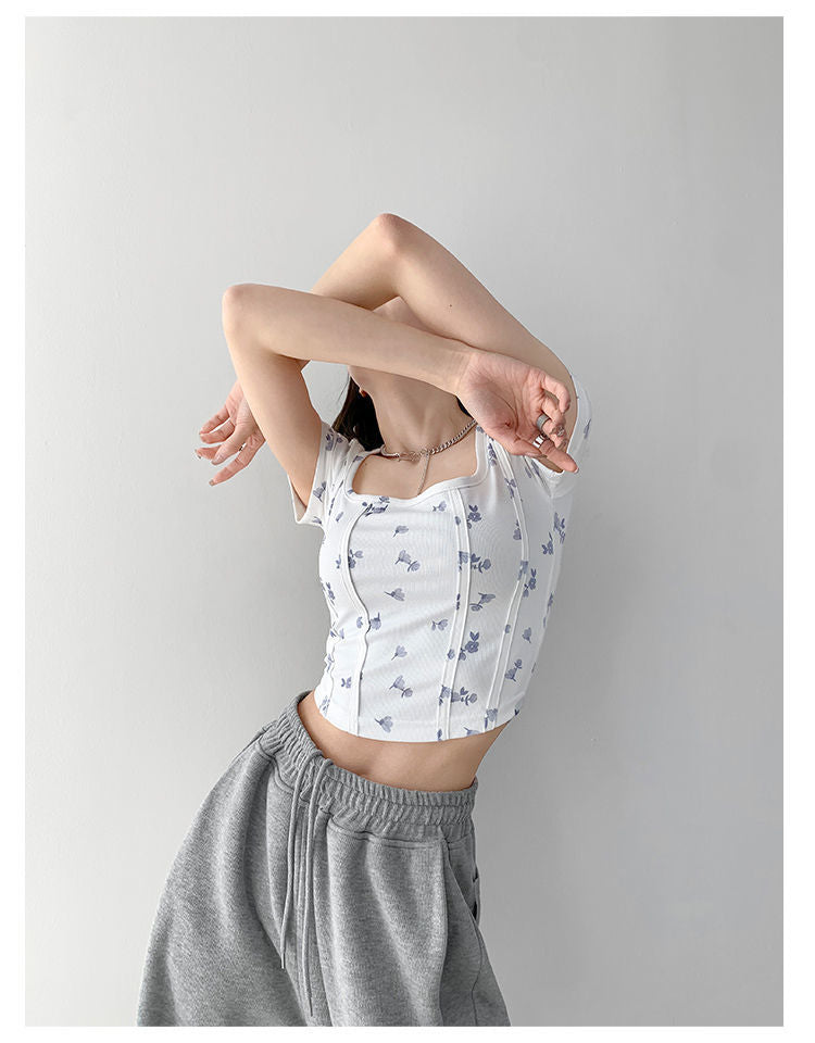 Summer Floral Cropped Top Women Slim Square Neck Short Sleeve White T-shirts Female - MERGE.DAY.1.FREESTYLE