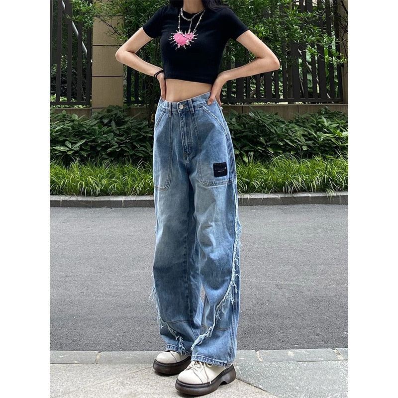 retro hip-hop letter embroidery jeans loose straight-leg pants wide-leg pants for men and women couples - MERGE.DAY.1.FREESTYLE