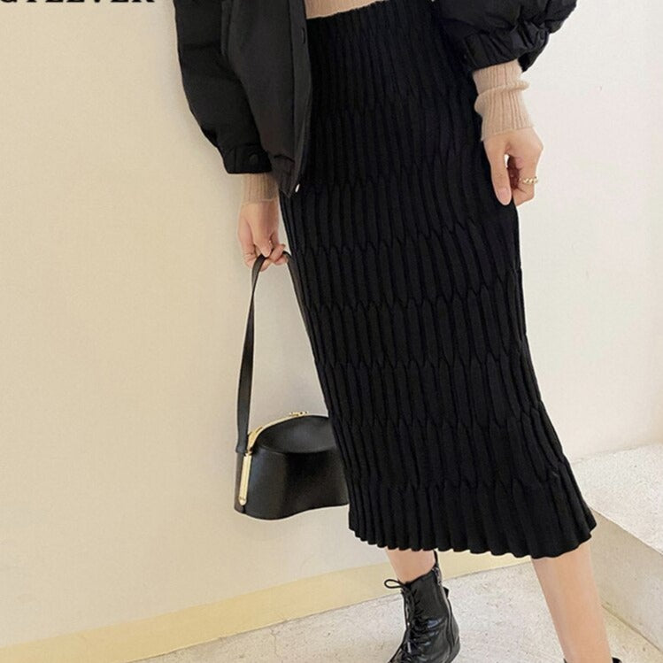 Wrapped Knitted Skirts Pencil Skirt Women Slim Fit Zipper Mid-Calf Skirt - MERGE.DAY.1.FREESTYLE