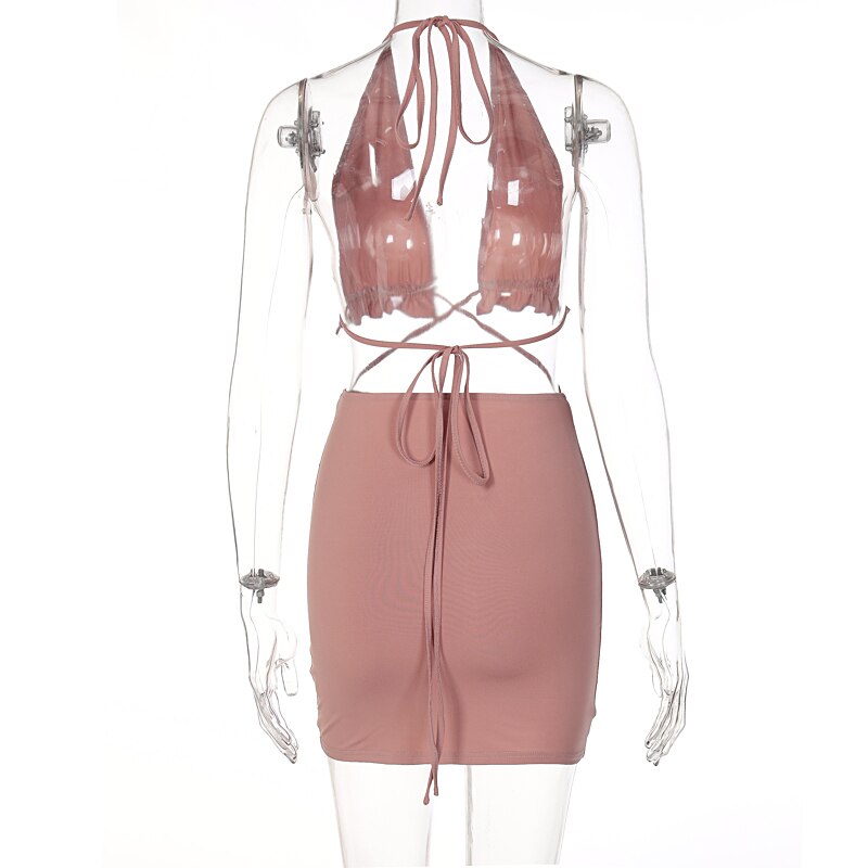 Ruffled Solid Halter Hollow Out Sleeveless Crop Top Pleated Skirts 2 Pieces Set - MERGE.DAY.1.FREESTYLE