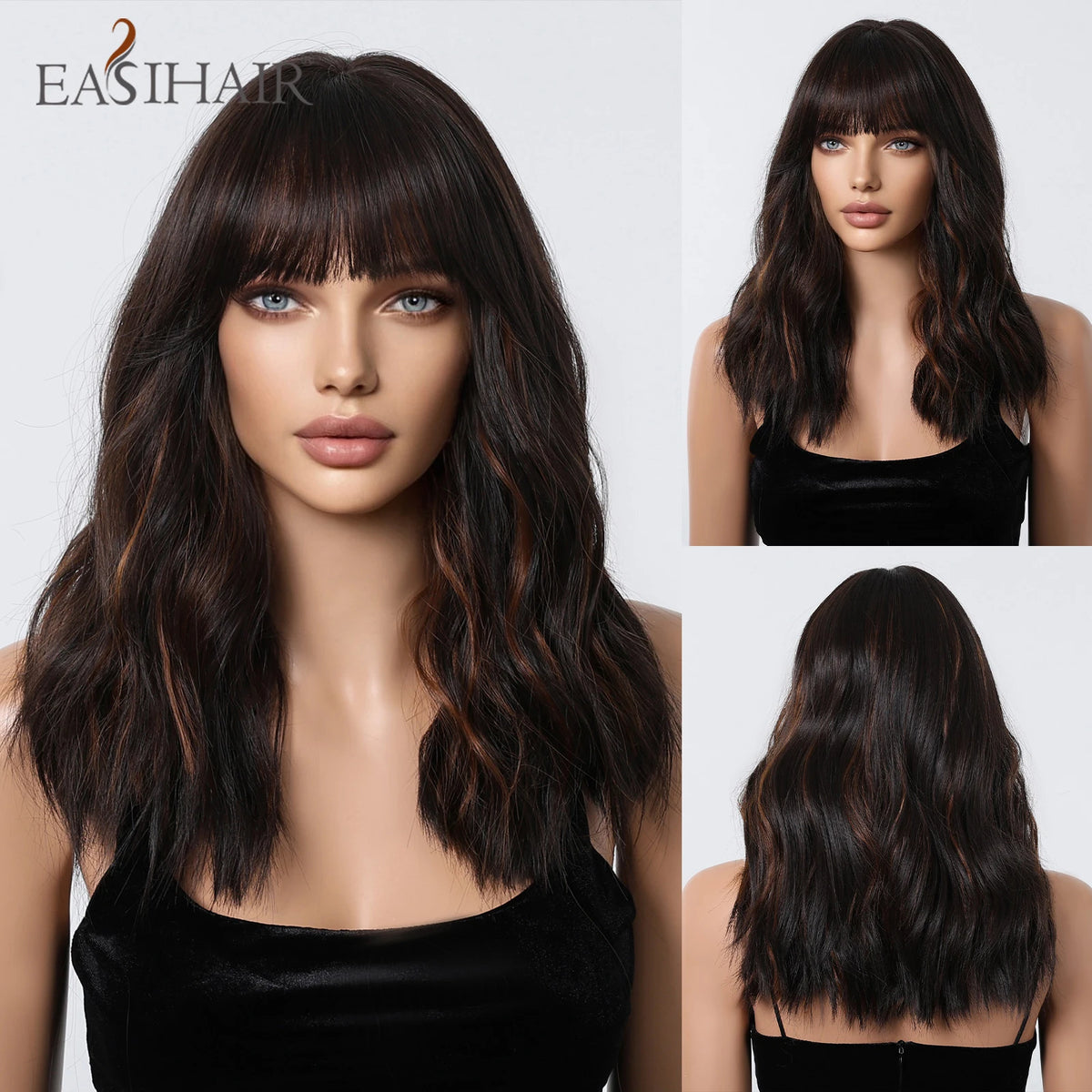 EASIHAIR Medium Length Orange Synthetic Wigs for Women Natural Wavy Wigs With Bangs Heat Resistant Fiber Wigs for Daily Cosplay