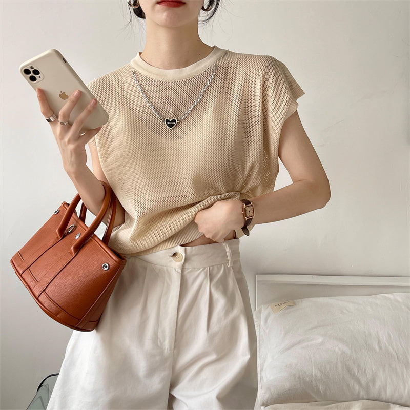 Hollow T-shirt Chain Women Summer New Solid Color Short Sleeve Knitted Tops Female 2022 - MERGE.DAY.1.FREESTYLE