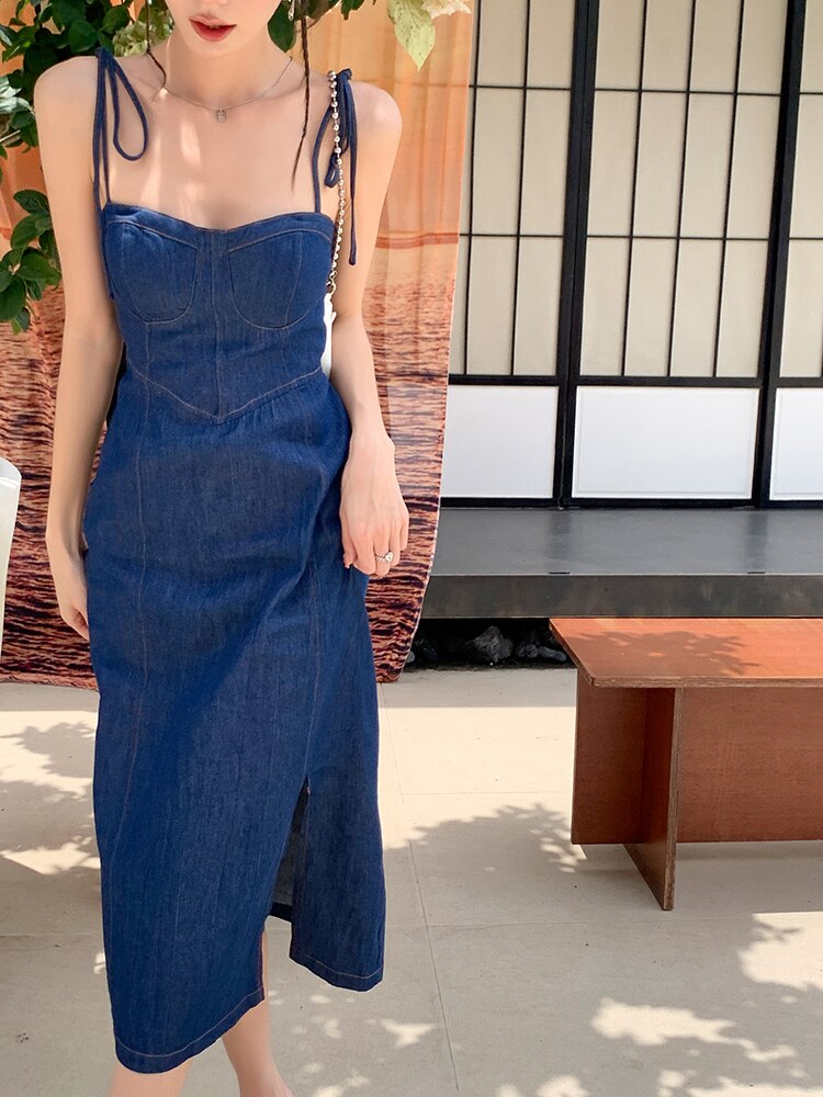 Summer Women Sexy Slip Denim Dress Strapless Lace-up High Waist Dress - MERGE.DAY.1.FREESTYLE