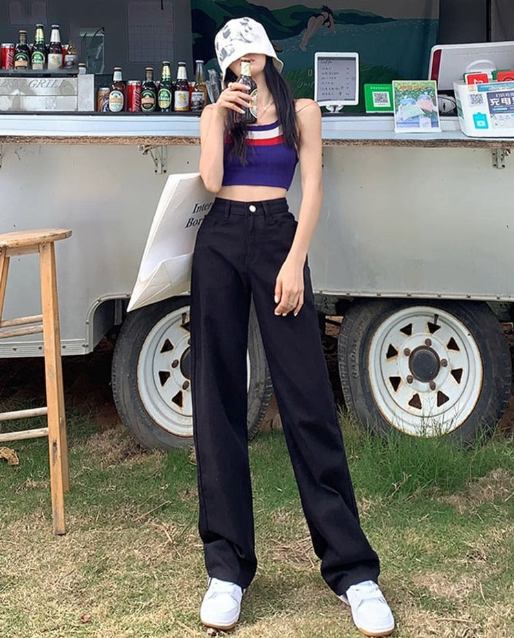 Cotton Ladies Wide Leg Denim Pants High Waist Loose Pockets Jeans Trousers - MERGE.DAY.1.FREESTYLE