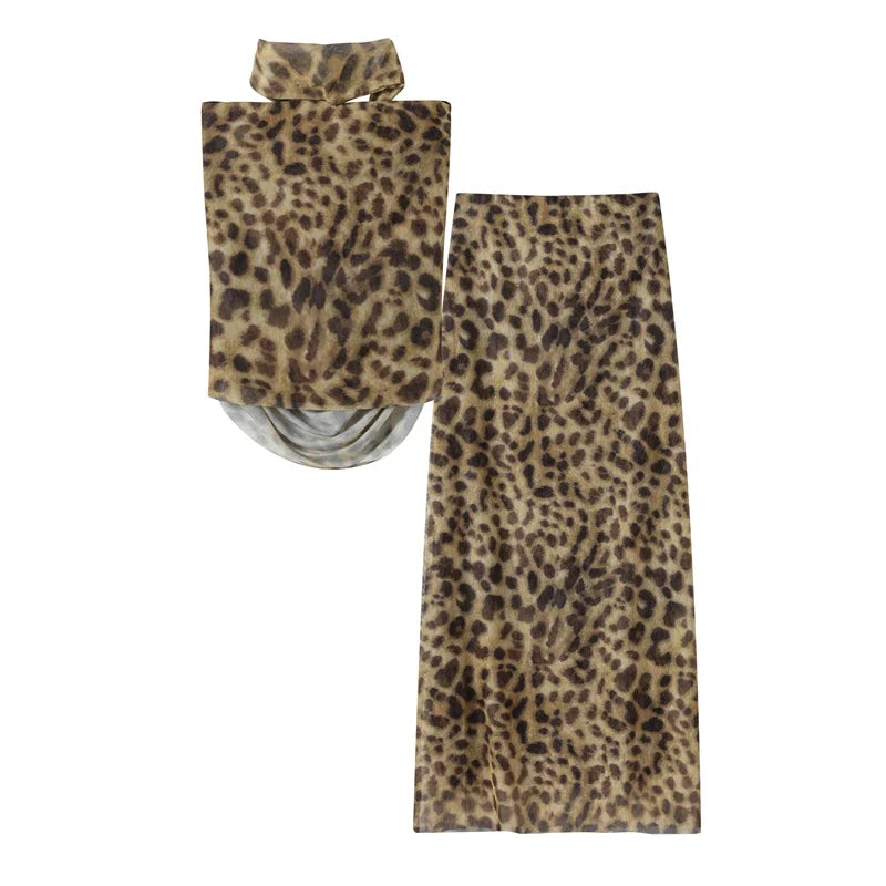 Leopard Print Wrapped Suit Backless Sleeveless Tops Skirts - MERGE.DAY.1.FREESTYLE