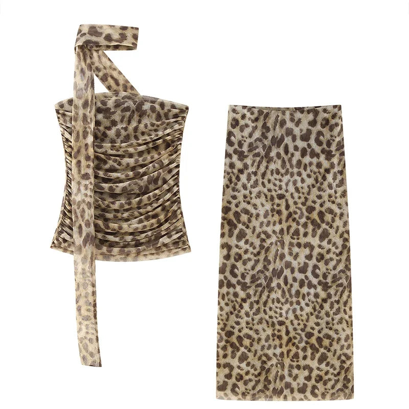 Leopard Print Wrapped Suit Backless Sleeveless Tops Skirts - MERGE.DAY.1.FREESTYLE