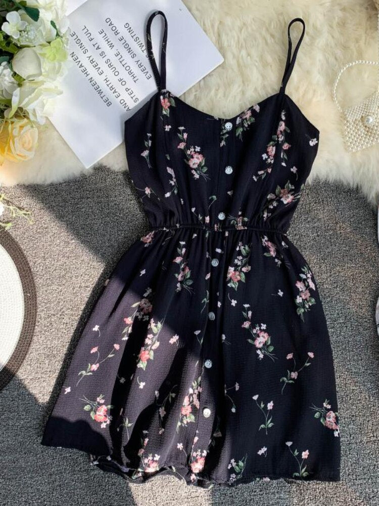 Spaghetti Strap Beach Playsuits Women Single Breasted V-neck Dress - MERGE.DAY.1.FREESTYLE