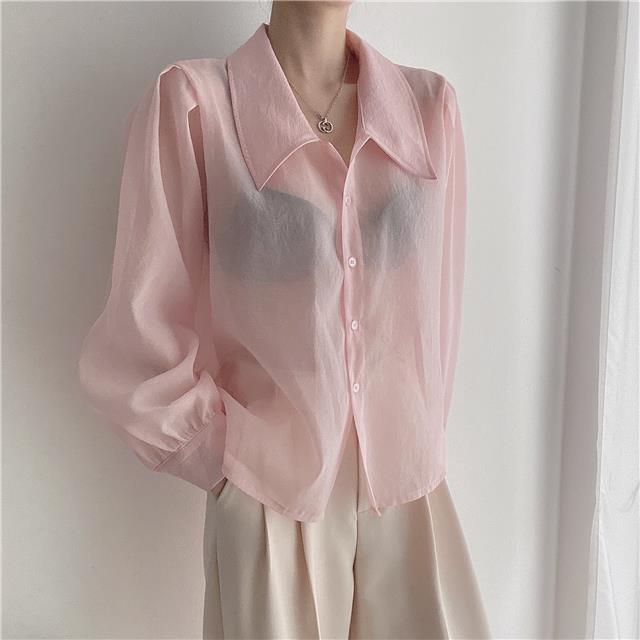 See Through Button Down Shirts Women New Loose Long Sleeve Blouse Female 2022 Summer Suncreen Tops - MERGE.DAY.1.FREESTYLE