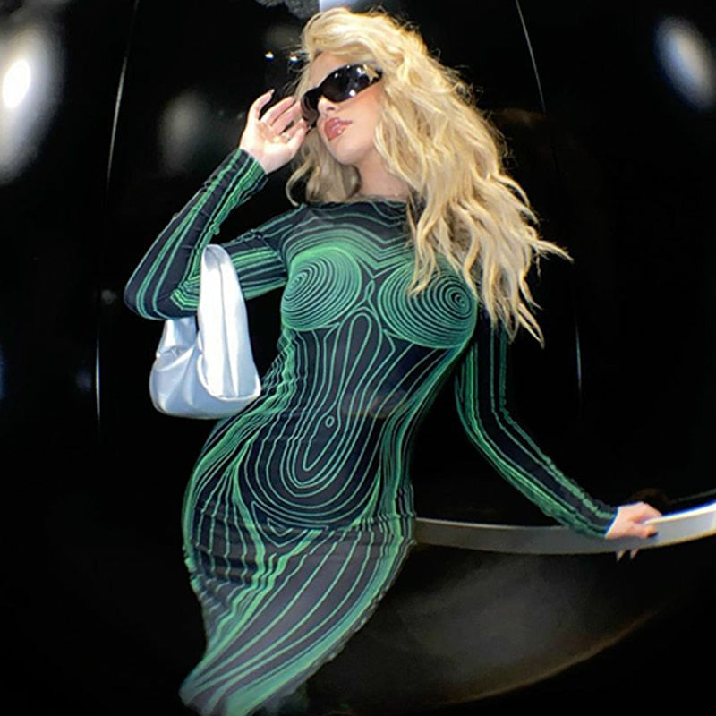 Striped Print Long Sleeve See Through Sexy Bodycon Maxi Dress - MERGE.DAY.1.FREESTYLE