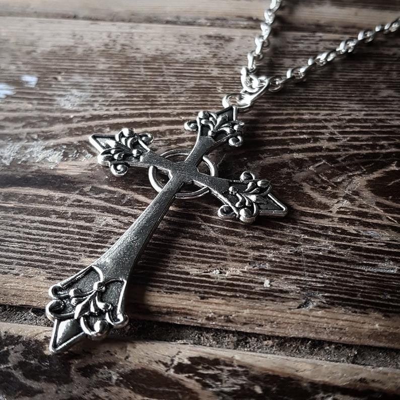Large Detailed Cross Drill Pendant Necklace Silver Color Tone Gothic Punk Jewellery - MERGE.DAY.1.FREESTYLE