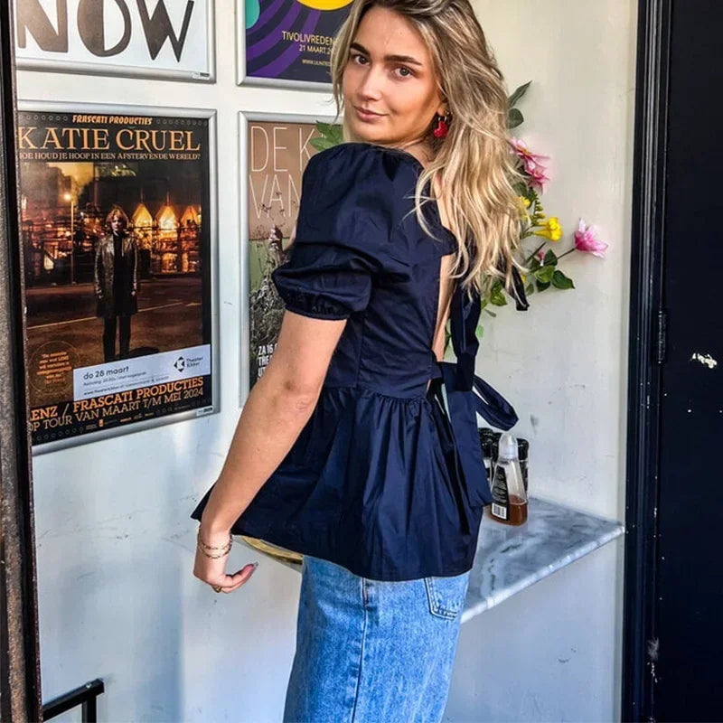 Fashion Backless Short Sleeve Shirts For Women Casual Back Lace Up Tops - MERGE.DAY.1.FREESTYLE