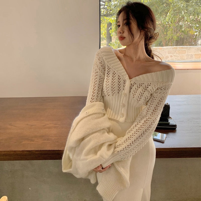 Women Hollow Sweater Cardigan Outerwear V Neck Button Knitted Tops Jackets - MERGE.DAY.1.FREESTYLE