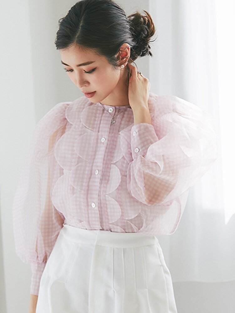 Summer Tops See Through Puff Sleeve Sweet Shirt Single Breasted Plaid - MERGE.DAY.1.FREESTYLE